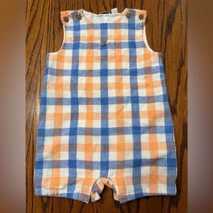 Janie and Jack Boys Blue Orange Check Linen Shortall Romper 18-24m Sleeveless